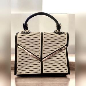 Galian Women's Perforated White  Leather Black Crossbody/Handbag Gold Tone Trim